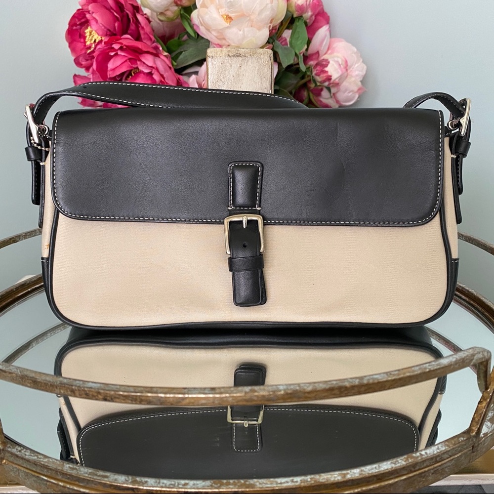 Coach Black and Cream Shoulder Fabric Bag